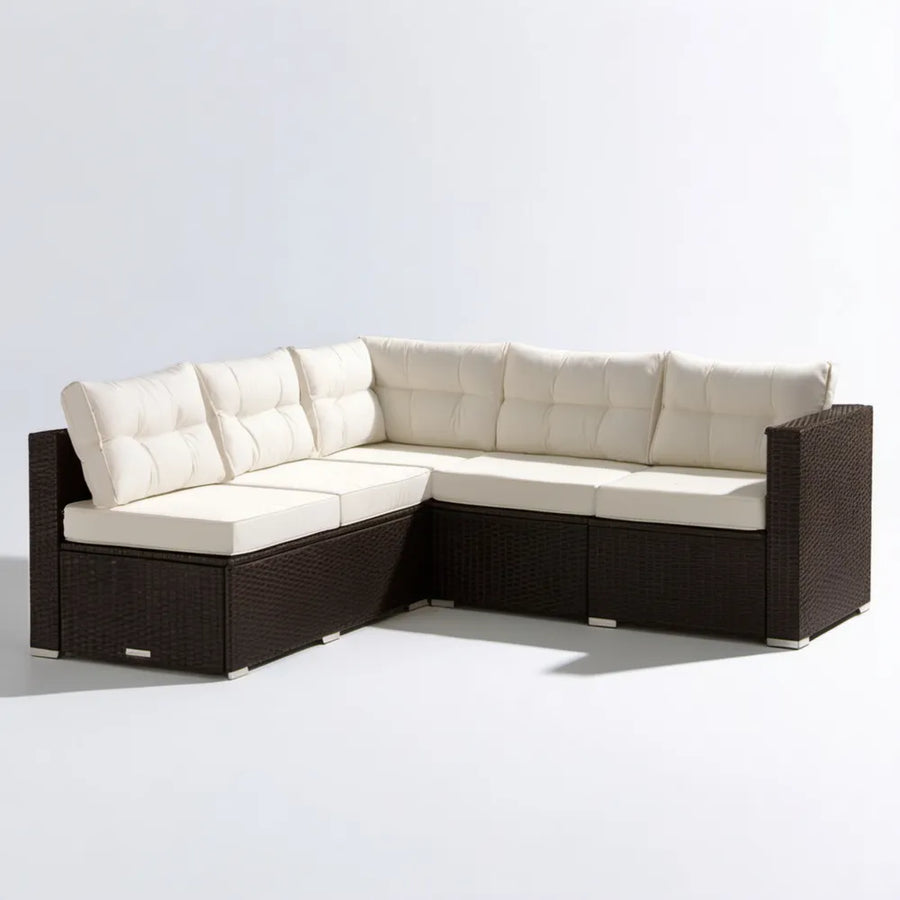 Narożna sofa ogrodowa z technorattanu PE brązowa z białymi poduszkami, 200 x 200 x 70 cm, kształt L