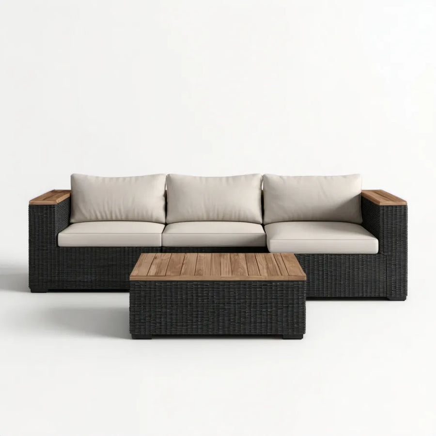 3-osobowa sofa ogrodowa ze stolikiem kawowym z technorattanu, antracytowa z beżowymi poduszkami, 200 x 75 x 70 cm