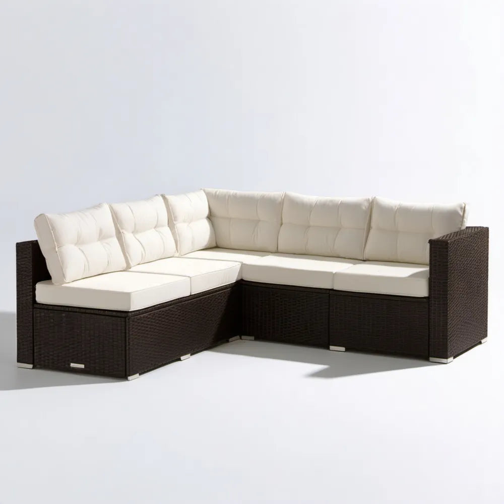 Narożna sofa ogrodowa z technorattanu PE brązowa z białymi poduszkami, 200 x 200 x 70 cm, kształt L