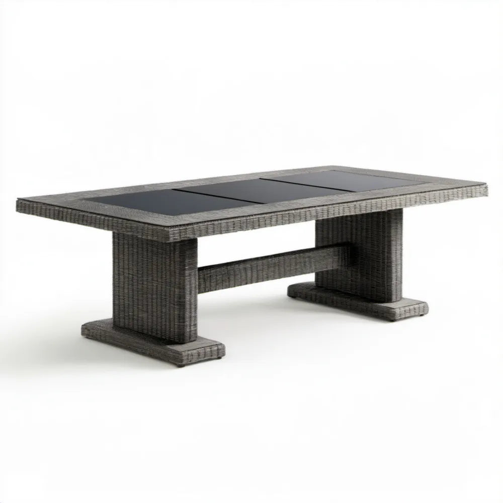 Prostokątny stół ogrodowy z technorattanu szary/czarny, blat szklany 180 × 90 × 75 cm