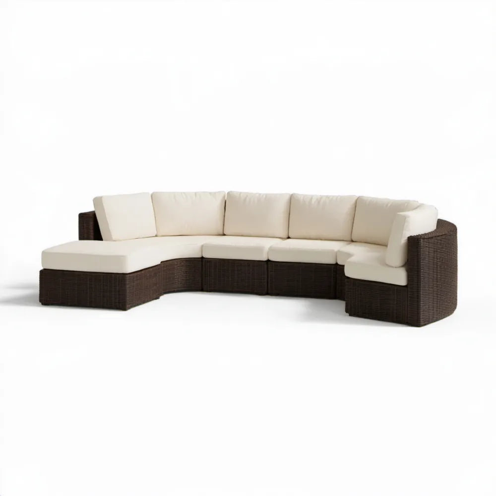 Modułowa narożna sofa ogrodowa z technorattanu PE, brązowa z kremowymi poduszkami, 330 x 210 x 70 cm
