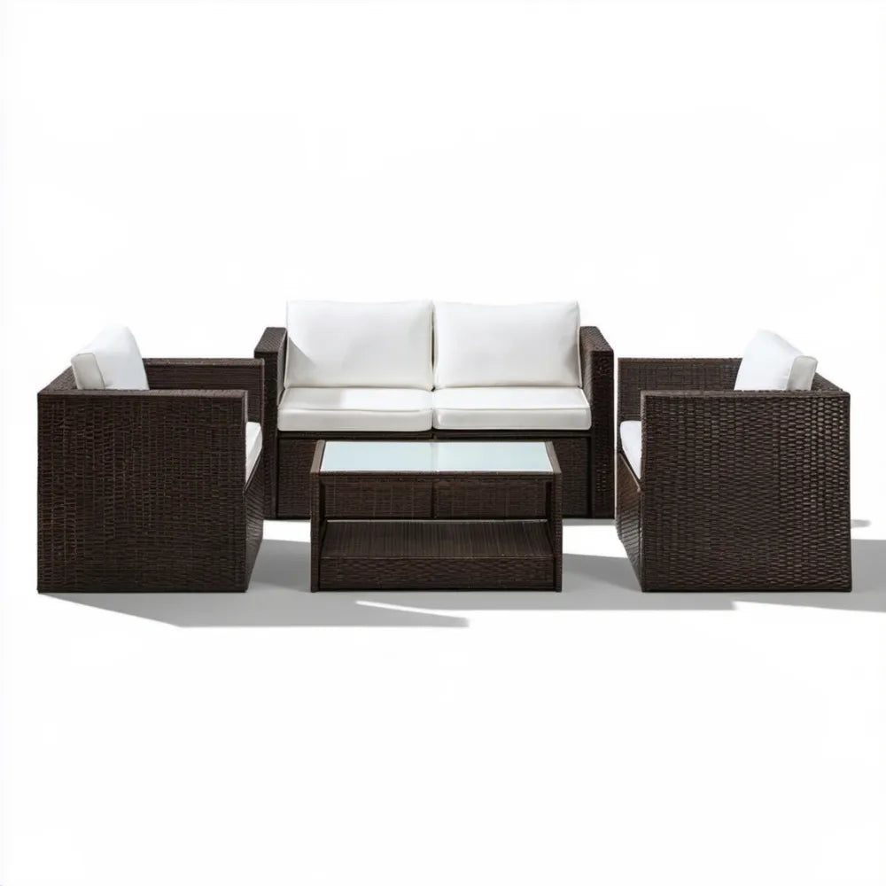 4-częściowy zestaw mebli ogrodowych z technorattanu PE, ciemnobrązowy/kremowy, sofa 124 x 68 x 80 cm, fotele 74 x 68 x 80 cm, stolik 90 x 50 x 45 cm