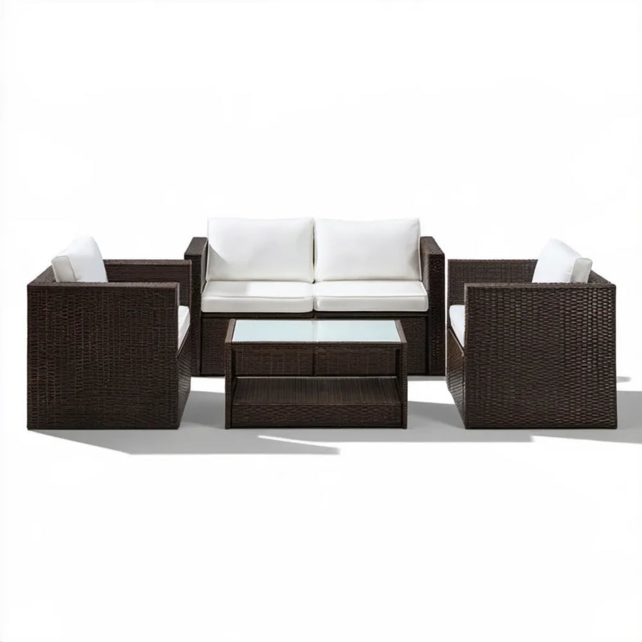 4-częściowy zestaw mebli ogrodowych z technorattanu PE, ciemnobrązowy/kremowy, sofa 124 x 68 x 80 cm, fotele 74 x 68 x 80 cm, stolik 90 x 50 x 45 cm