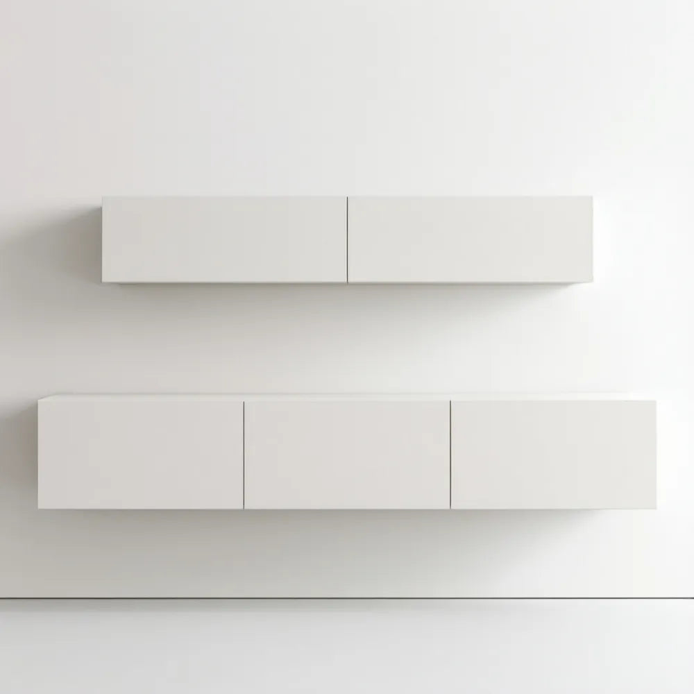 Zestaw 2 białych wiszących szafek, 140 × 30 × 30 cm i 180 × 40 × 30 cm