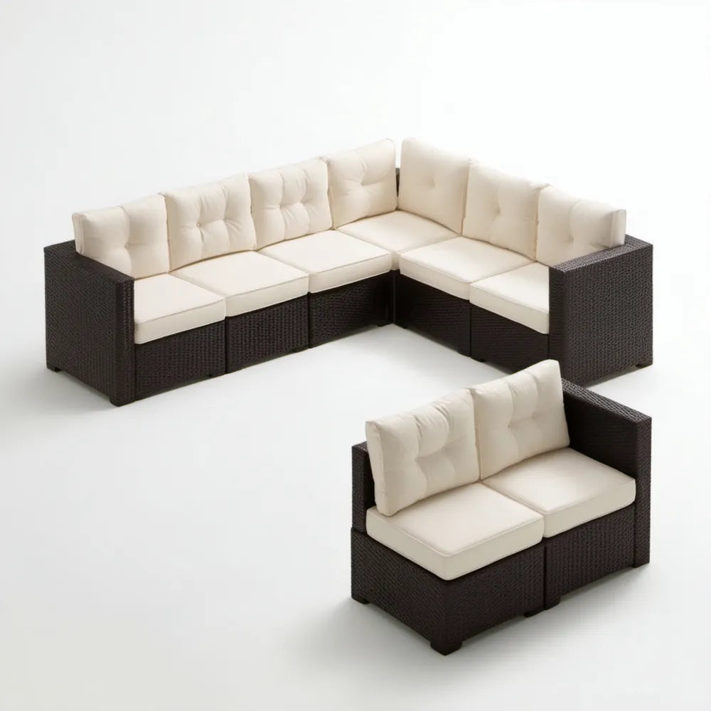 Modułowy zestaw wypoczynkowy z technorattanu Ciemnobrązowy/Kremowy, narożnik 240 x 180 x 70 x 65 cm i sofa 130 x 70 x 65 cm