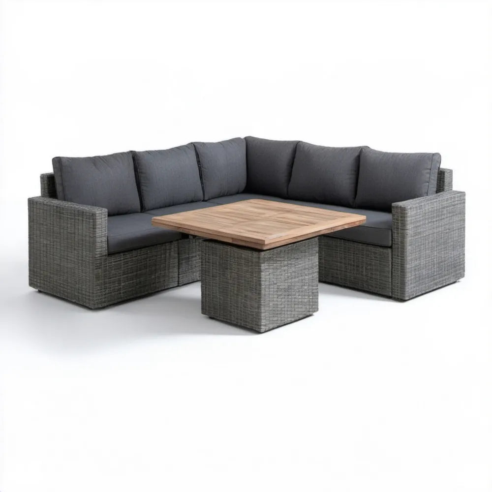 Ogrodowa sofa narożna z technorattanu 210 x 210 cm ze stolikiem, szara/grafitowa/naturalny brąz