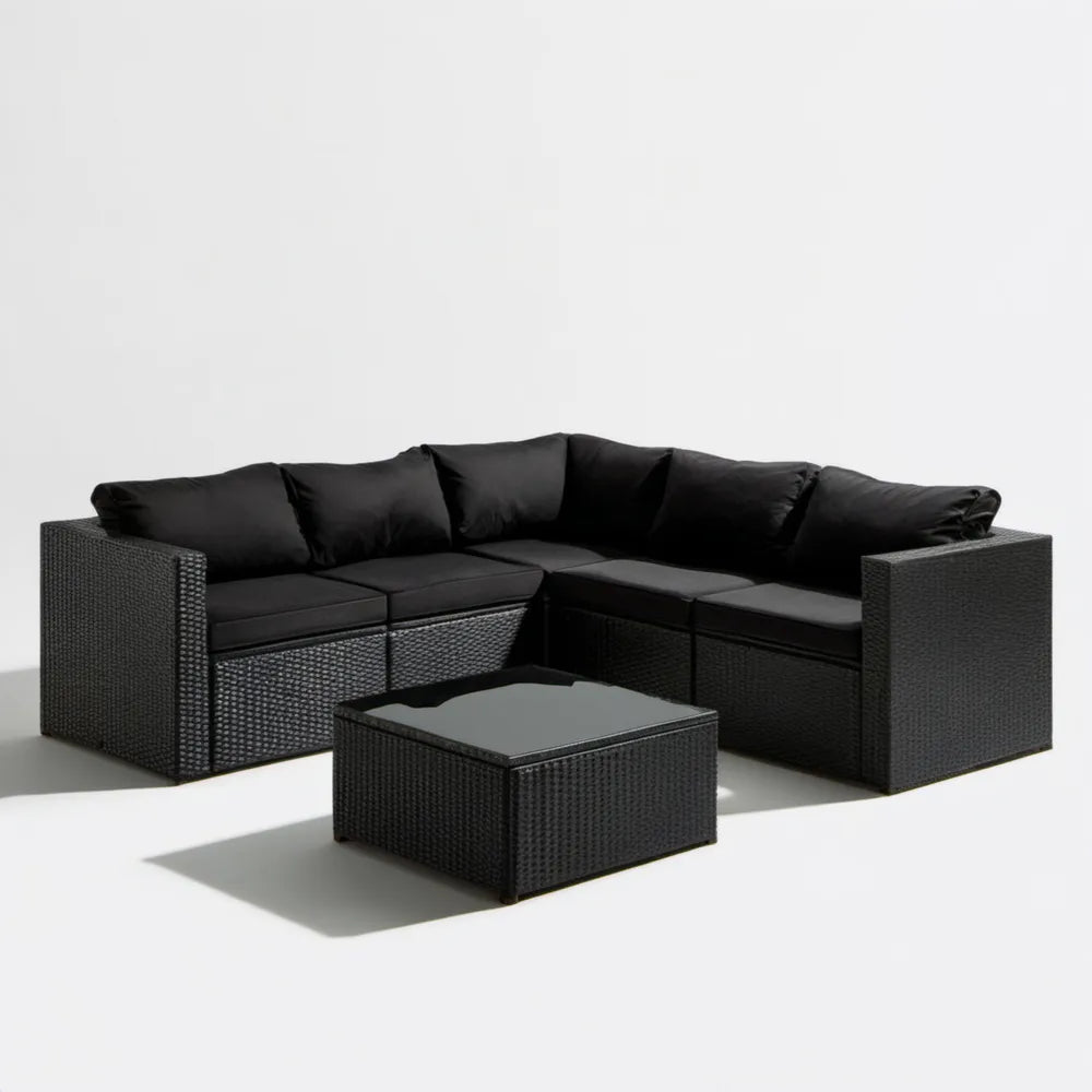 Narożny zestaw ogrodowy z technorattanu PE, czarny, 270 × 210 × 65 cm, ze stolikiem 70 × 70 × 35 cm