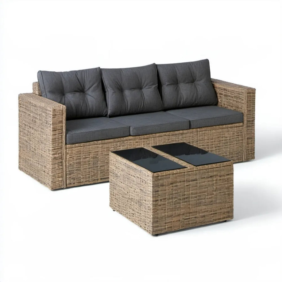 Zestaw wypoczynkowy z technorattanu beżowy z ciemnoszarymi poduszkami i czarnym blatem, sofa 200 × 70 × 73 cm, stolik 65 × 65 × 33 cm