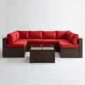 Modułowy zestaw wypoczynkowy z plecionki PE, brązowy z czerwonymi poduszkami, sofa 260 × 70 × 63 cm i stolik 70 × 70 × 33 cm