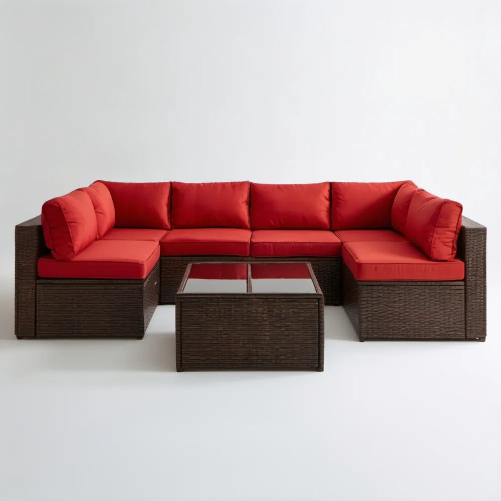 Modułowy zestaw wypoczynkowy z plecionki PE, brązowy z czerwonymi poduszkami, sofa 260 × 70 × 63 cm i stolik 70 × 70 × 33 cm