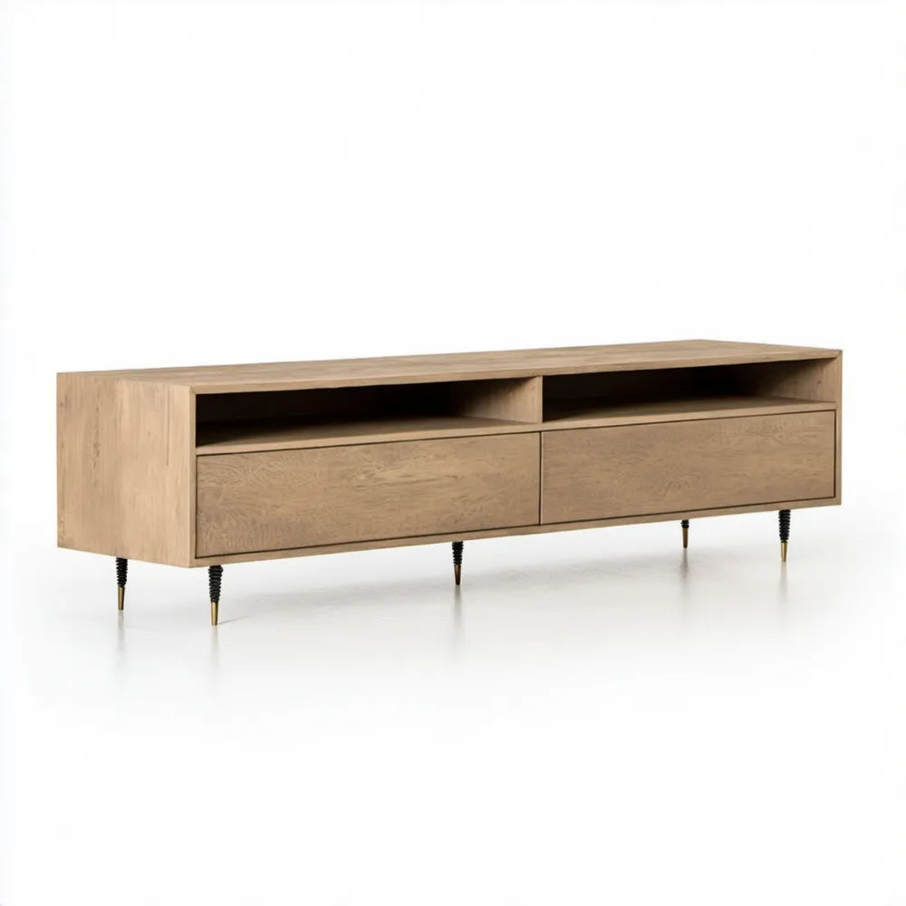 Szafka RTV z MDF w fornirze dębowym, jasny dąb/czarny/złoty, 180 x 40 x 55 cm, 2 szuflady