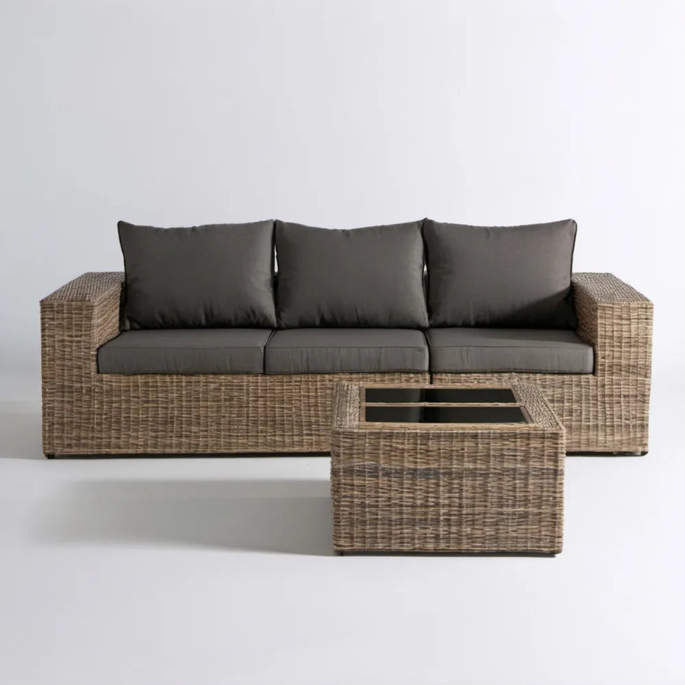 Zestaw ogrodowy z technorattanu: sofa 3-osobowa 210 × 85 × 70 cm i stolik 100 × 60 × 45 cm, szarobrązowy/ciemnoszary