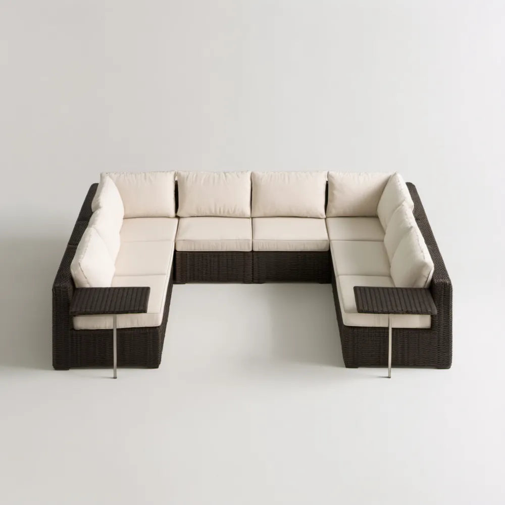 Modułowa sofa ogrodowa w kształcie U z technorattanu, ciemnobrązowa/kremowa/czarna, 300 × 220 × 75 cm