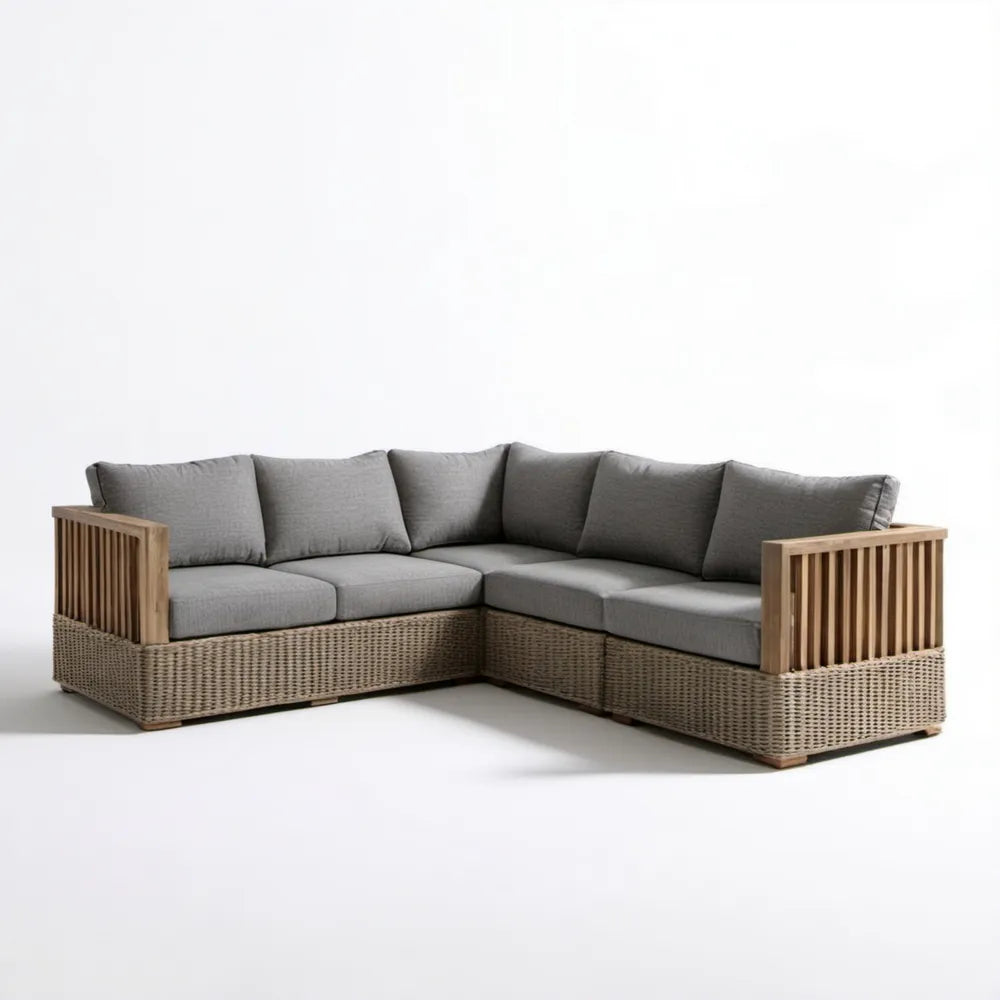 Narożna sofa ogrodowa 5-osobowa z rattanu PE i drewna akacjowego, szaro-beżowo-brązowa, 240 × 240 × 75 cm
