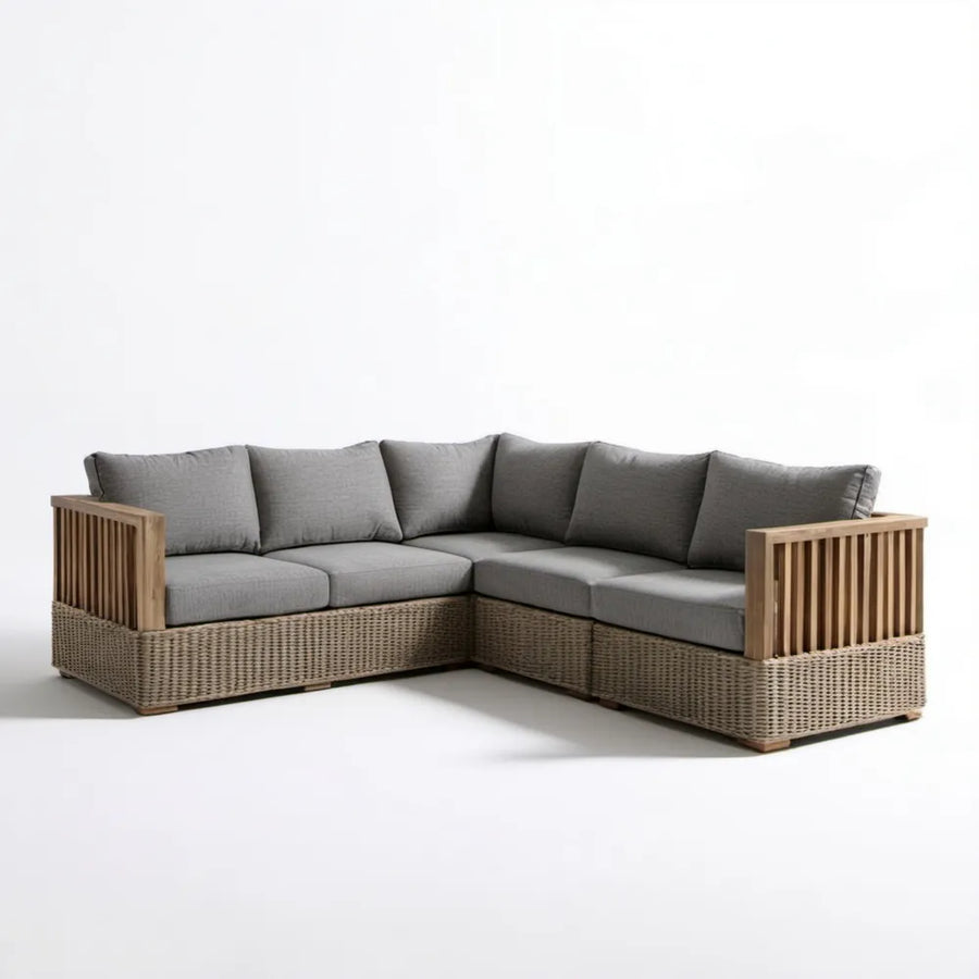Narożna sofa ogrodowa 5-osobowa z rattanu PE i drewna akacjowego, szaro-beżowo-brązowa, 240 × 240 × 75 cm