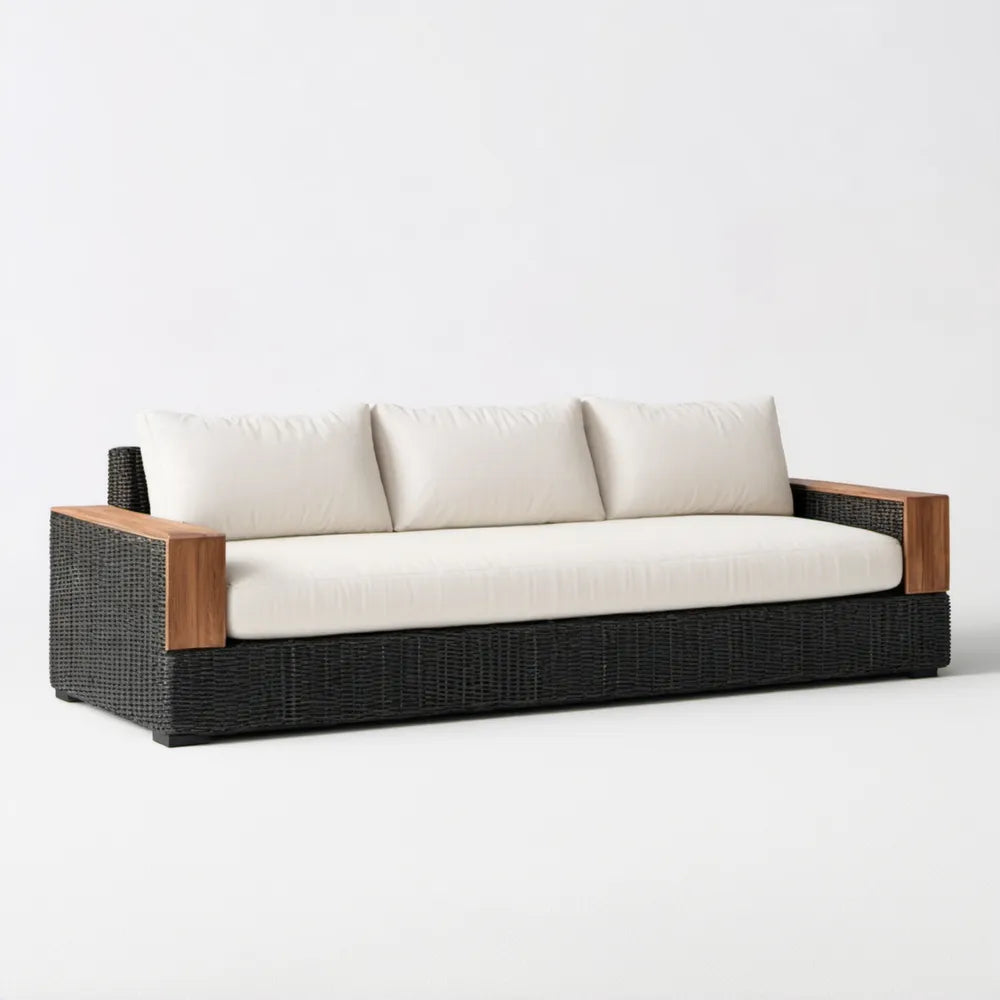 Trzyosobowa sofa ogrodowa z technorattanu i drewna akacjowego, czarno-brązowo-kremowa, 230 x 90 x 75 cm