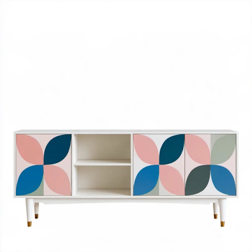 Biała szafka RTV retro z geometrycznym wzorem, 160 x 40 x 75 cm