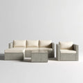 Szaro-beżowy zestaw mebli ogrodowych z technorattanu PE, sofa narożna 190 × 130 cm, fotel i stolik