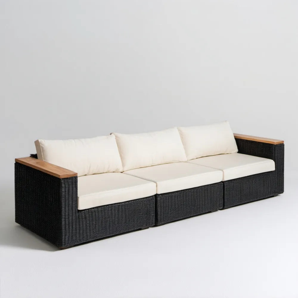 3-osobowa modułowa sofa ogrodowa z technorattanu PE, czarna z kremowymi poduszkami, 240 x 80 x 65 cm