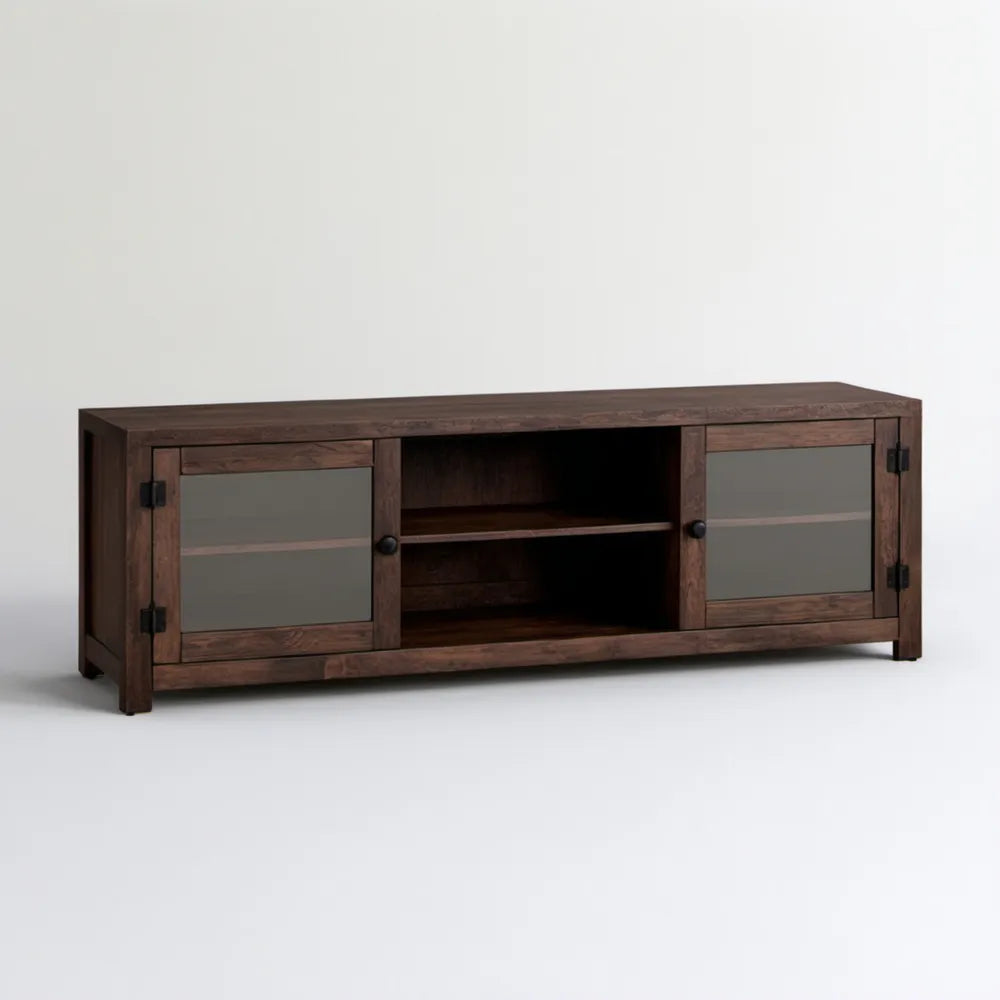 Szafka RTV z litego drewna akacjowego ze szkłem, ciemnobrązowo-czarna, 160 x 40 x 50 cm
